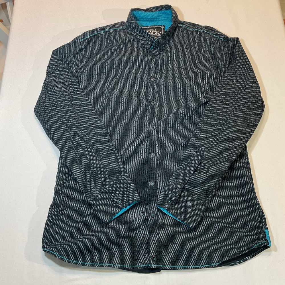 Buckle Black Men's Button Up Long Sleeve XL Black w/White Dots Blue Accents